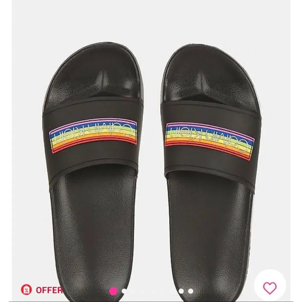 Calvin Klein Men's Pride Rainbow Logo Slip-On Slide Sandals Black Size 11‎